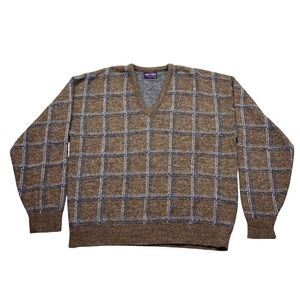 VTG Pine State Mens XL V-Neck Sweater Brown Windowpane Plaid USA Grunge Western